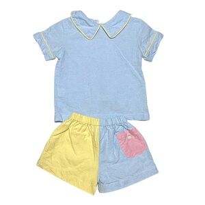 EUC The Oaks Apparel Co. blue & yellow color block collared short set 12mo